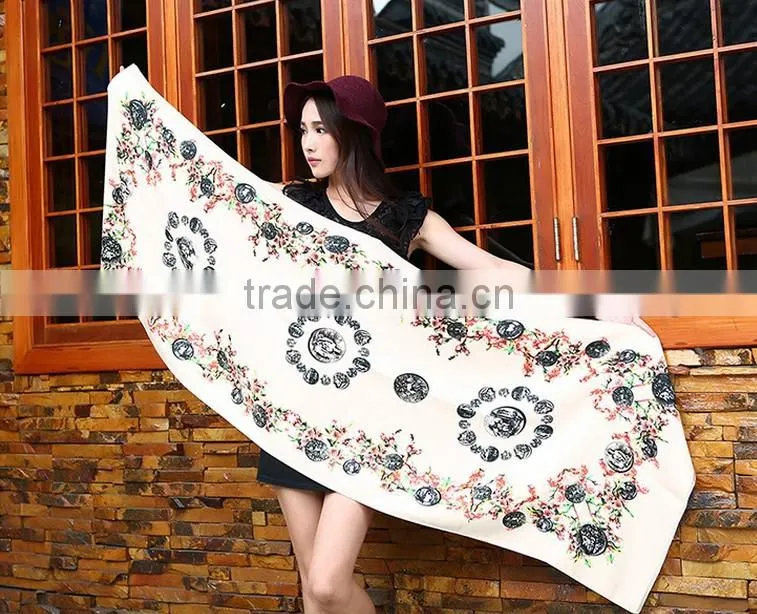 2016 New Design 100% Arcylic Women Ladies Winter Scarf Shawls Wrap Printed Coins and Floral Pattern Tassel