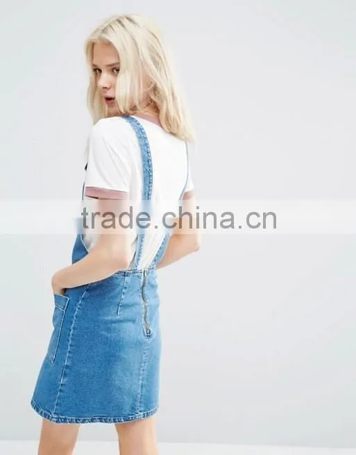 Mini Pinafore Dress Denim Fabric In Mid-Wash Blue