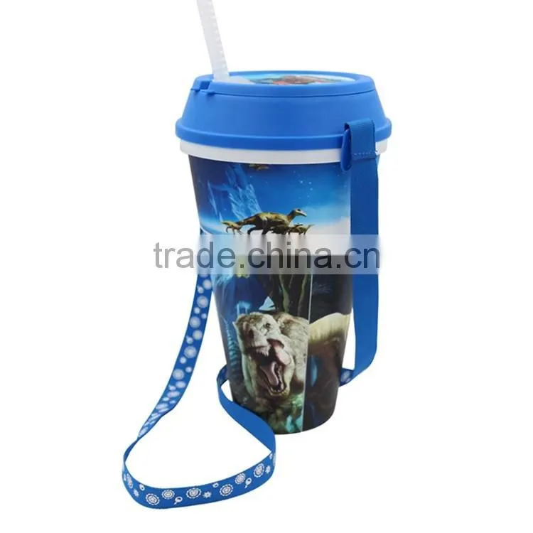 All in One Snacking And Drinking Movie Display Cup with Straw, IML Custom Logo Printed Drink Cup with Straw