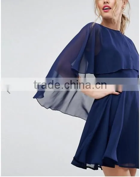 OEM Service Supply Type And Evening / Formal Dresses Type Elegant Evening Dress/ Navy Chiffon Dip Back Cape Mini Dress
