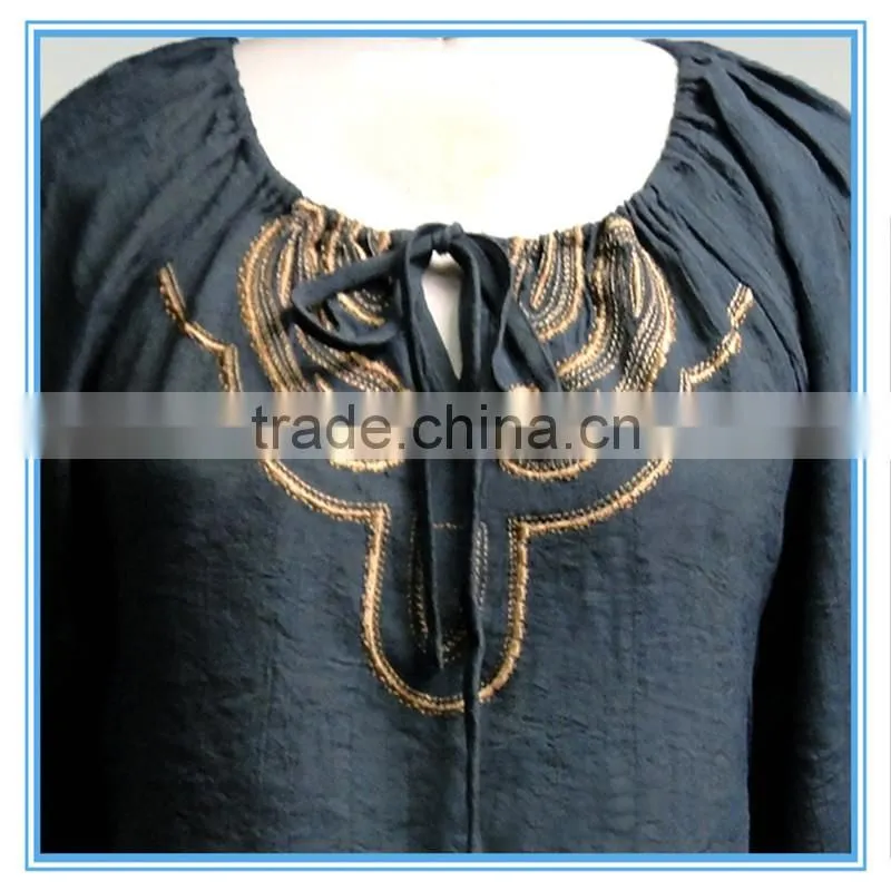 New Style Vintage Ethnic Embroidery Blouse Tie Neck Wholesale Clothing