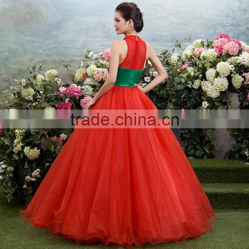 MGOO High Fashion Chinese Style Red Color Halter Maxi Prom Dress Ball Gown Tulle Green Toast Dress YDYS15B0083