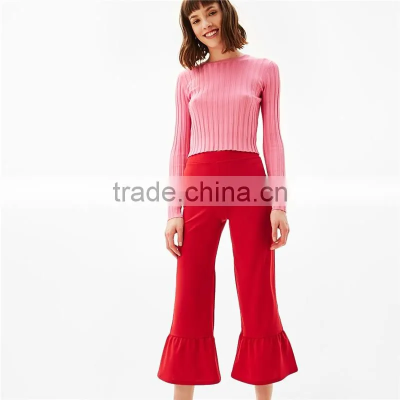Online cheap classical cropped office frilled red pants for women