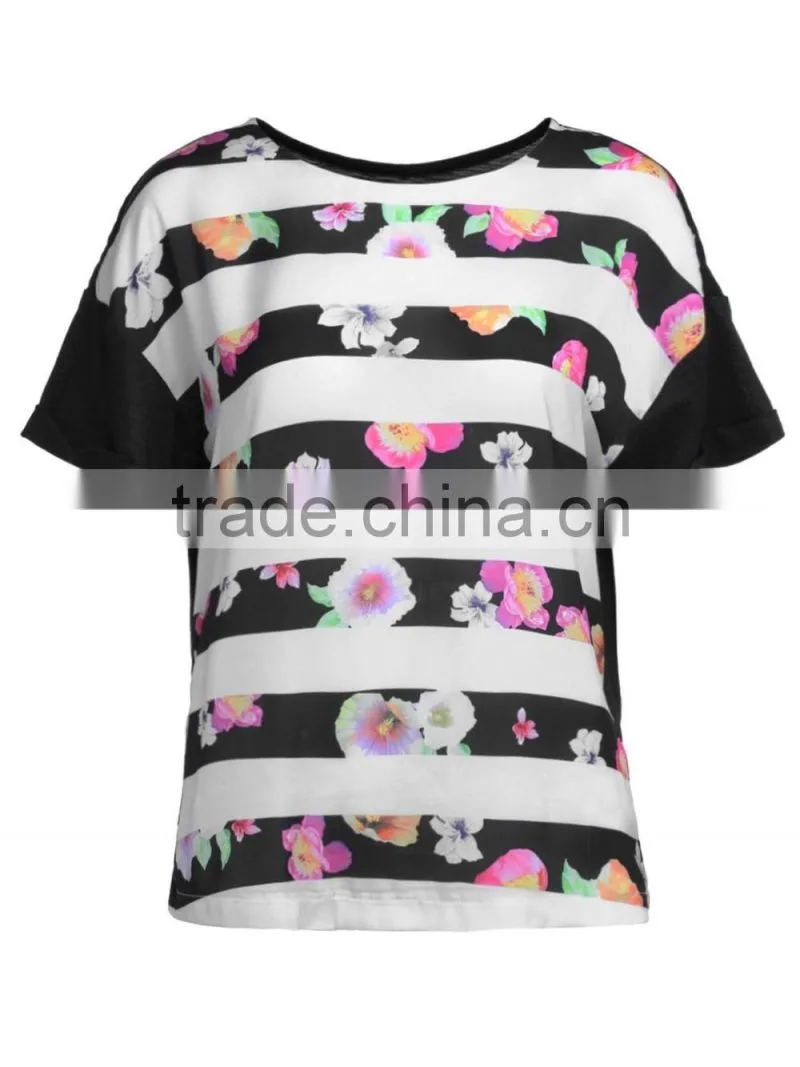 Women's Knitted Woven Combined Stripe Printing Short Sleeve Loose T Shirt Wholesale