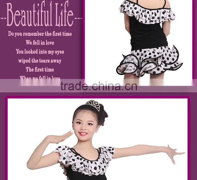 Girls Child Performance Latin Dance Skirt Suit Kid Dew Shoulders Lotus Leaf Polka Dot Dress