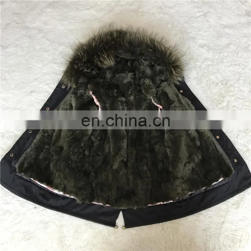 High Quality Manufacture Fashionable Winter Rose Red Rex Rabbit Fur Lining Baby Fur Parka Coat