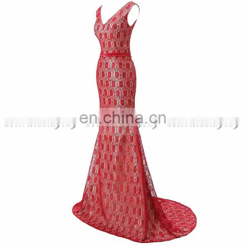 Real Pictures V Neck Lace-Up Sleeveless Mermaid Lace Evening Dresses SD344