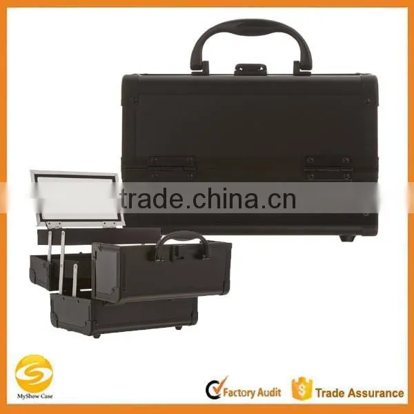 Aluminum Makeup Train Case, Travel Cosmetic Box with Trays, Mirror and Shoulder Strap,Black Aluminum Makeup Jewlery case