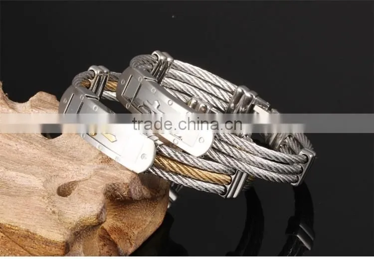 Wholesale Titanium steel man Bangles Three rows between steel wire armoured gold bracelet with cross
