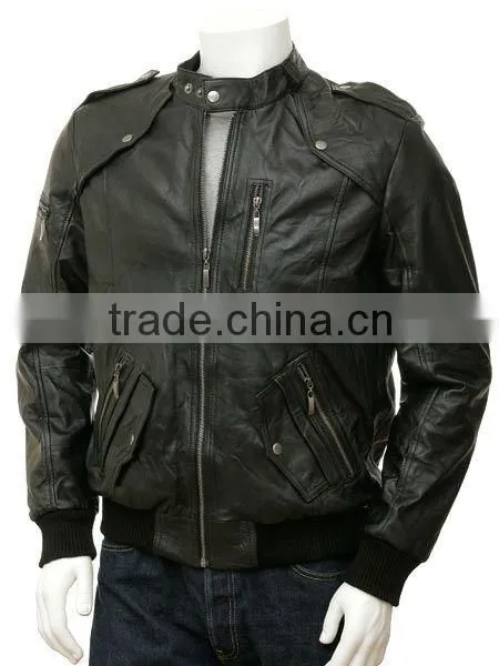 black distressed mens biker style leather jacket faded seam