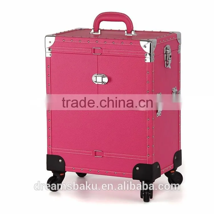 2016 Hot selling Pink color Functional professional Trolley case Makeup box cosmetic display Case