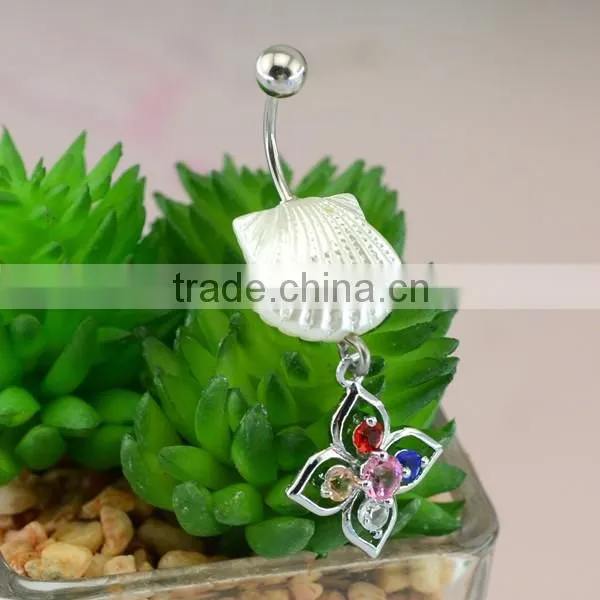 Multi-colour gems shells navel piercing stainless steel hypoallergenic hanging 14g belly ring