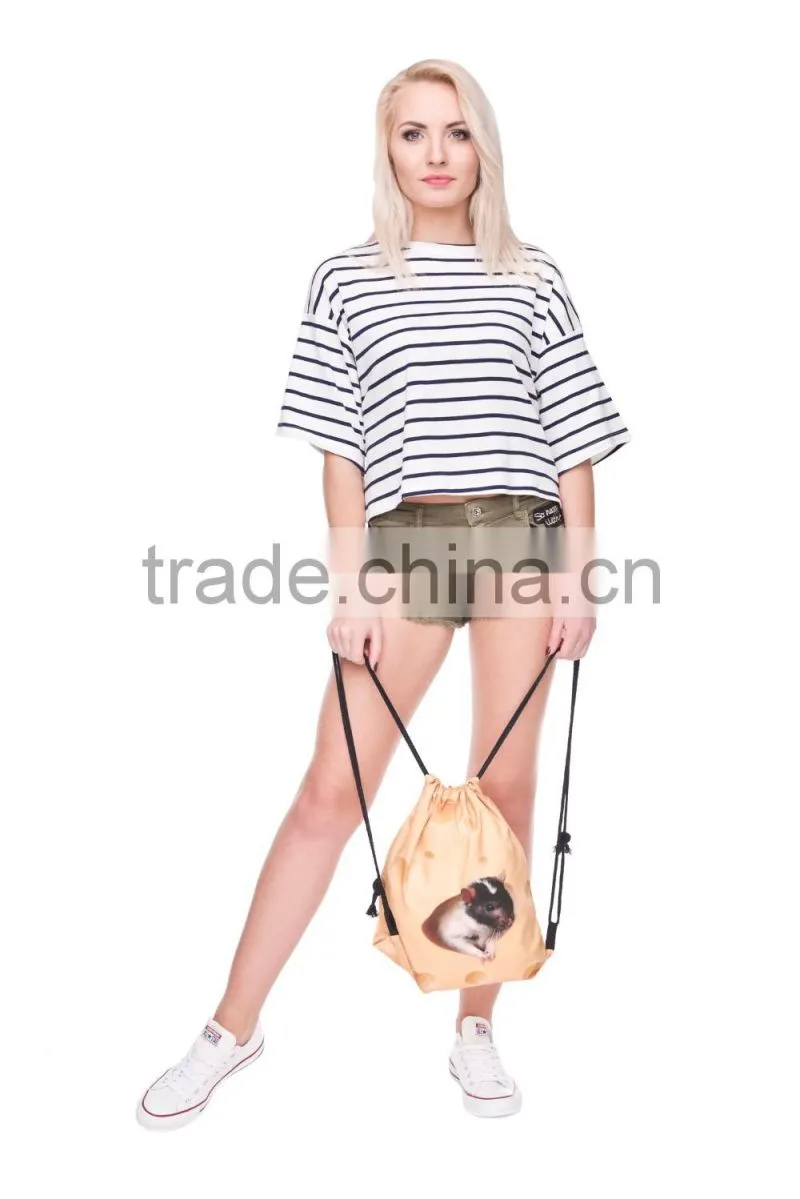High Quality 3D Printed Cheese with Mouse Fashion Print Drawstring Bag