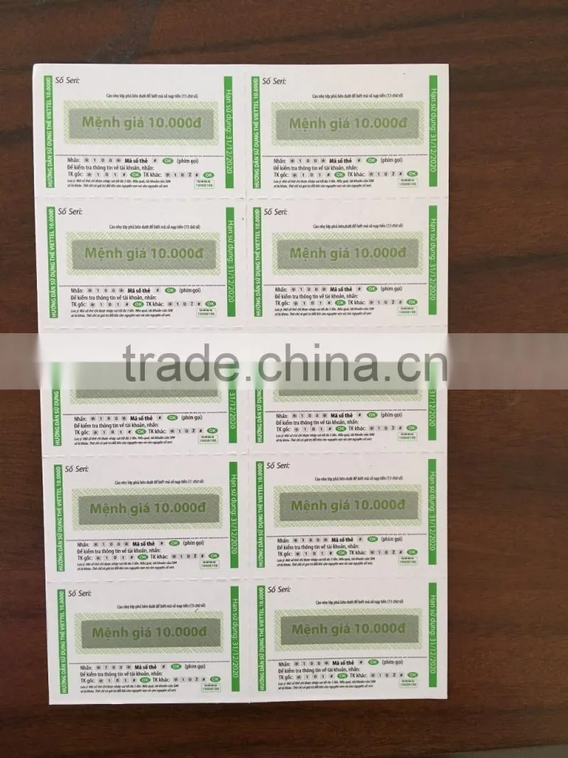 telecom prepaid paper scratch cards