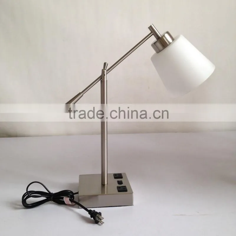 UL CUL Listed Adjustable Brushed Nickel Hotel Desk Light With Electrical Outlet For Bedroom T20282