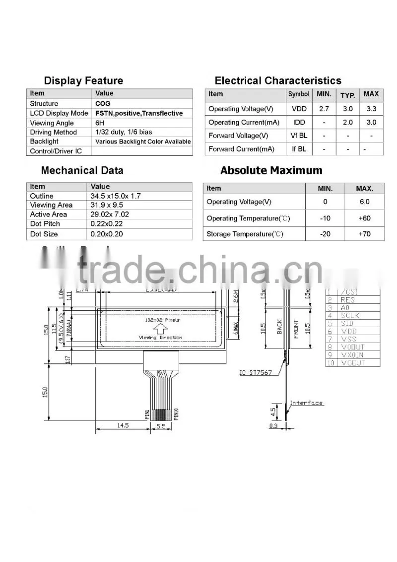 FSTN 132x32 Positive/Transflective COG Module
