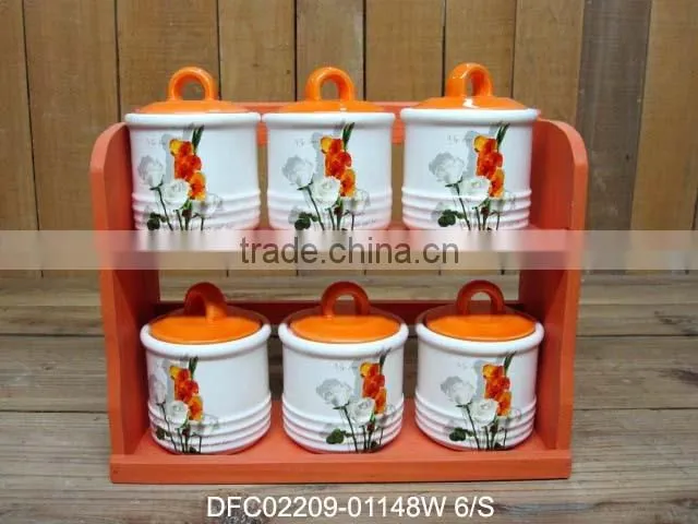 Chinese ink decal ceramic 6pcs canisters set with wood stand