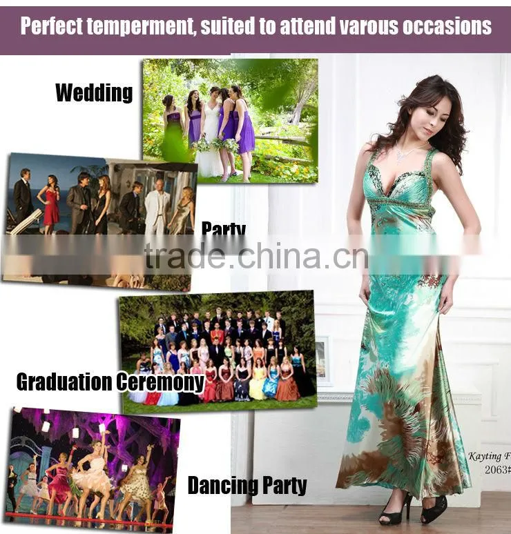 Sexy Backless fashion print satin beaded green evening dress 2063