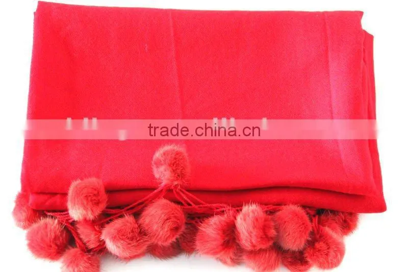winter cashmere shawls pashmina with fox fur balls edge for women