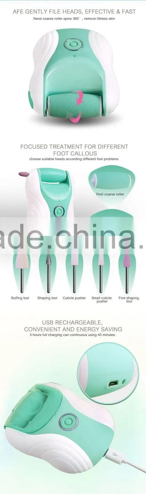 Rechargeable foot file callus remover with crystal diamond roll with nail polisher