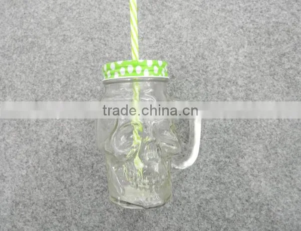 cheap stylish skull head glass mason mug with handle and black lid