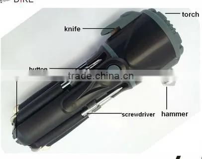 6 IN ONE high quality multi function emergency glass hammer , strong bright torch, screwdriver set, hand tool