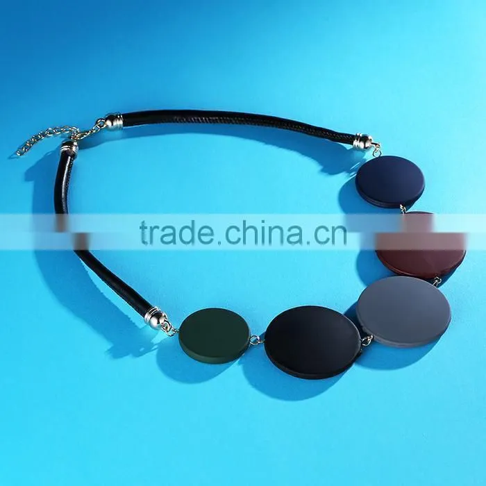 Korean colorful rubber round disc linked pendant necklace popular geometric choker necklace women leather necklace
