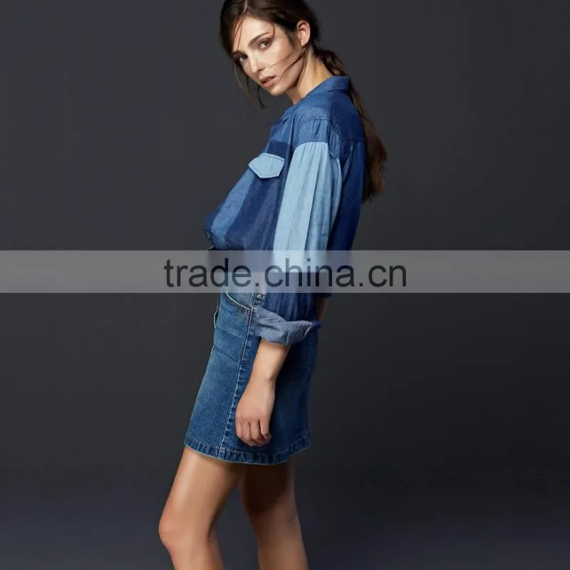hot sale women denim shirt with pocket and block fashion design hot sale