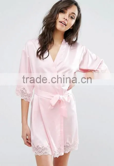 Customize ladies luxury silk satin knee length robe, Bridesmaid Lace Trim Kimono Robe
