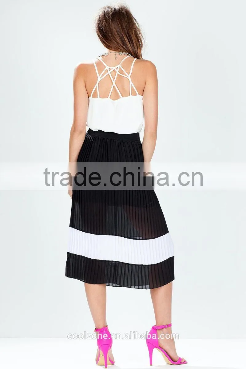 Fashion pleated colorblock midi skirt/wide simple design skirts 2015