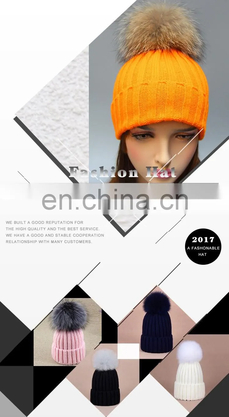 2016 Girls winter knitted fur bobble hat with big genuine raccoon fur bobble