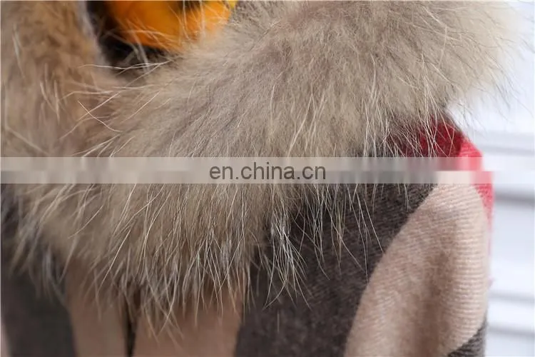 Fashion Women Real Raccoon Fur Hood Shawl Wool Cashmere Scarves Shawls