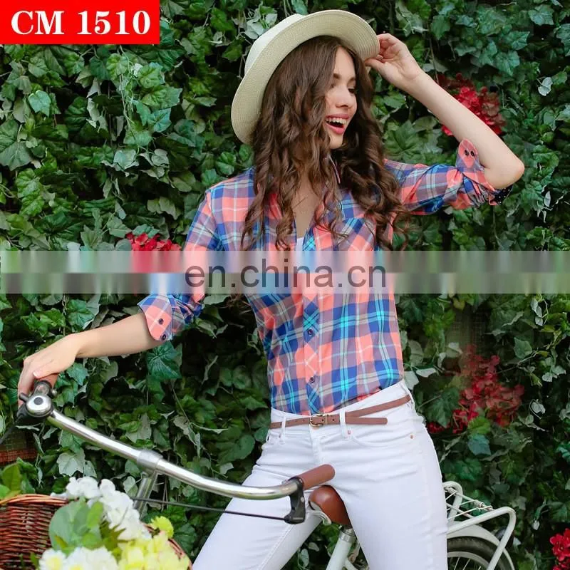 2017 latest design 100% cotton beautiful mixedcolor plaid t shirt blouse for young women
