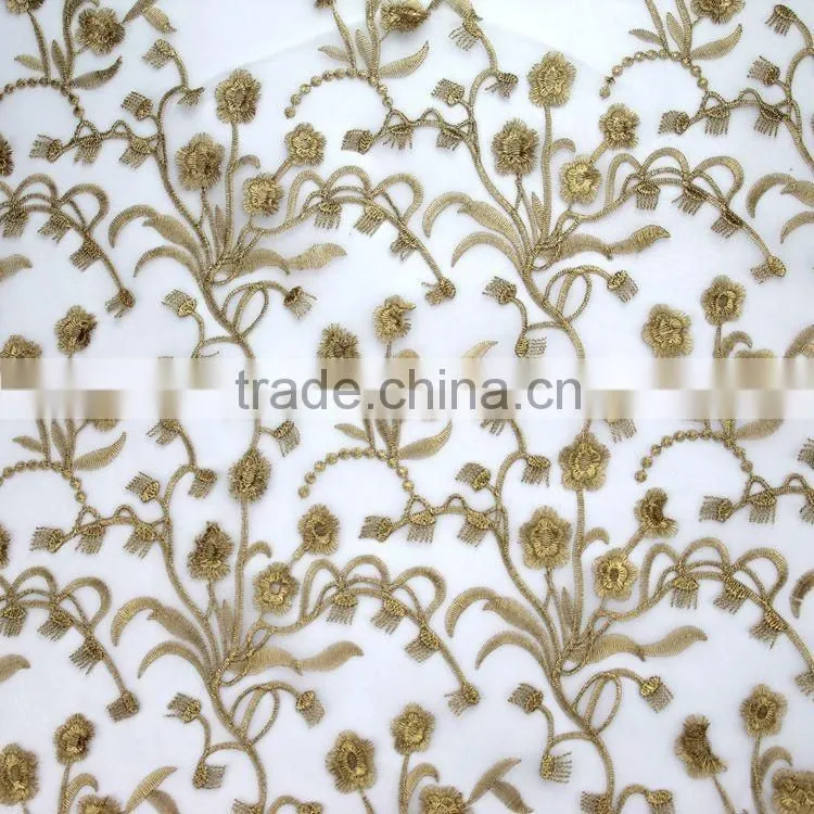 East fashion organza water soluble lace embroidery fabric on chiffon with gold thread for dress