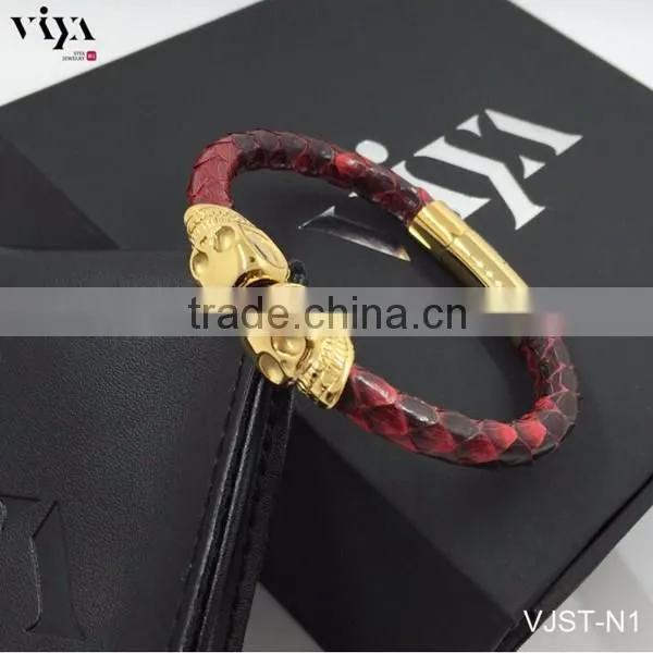 2016 New Real Navy Blue Leather Python Twins Skull Stainless Steel Bracelets With Higher End Quality Standard