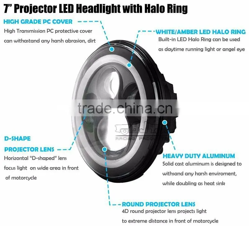 BJ-HL-013 New arrival Jeep wrangler LED light 7" with yellow halo ring for Harley motorcycle LED headlight