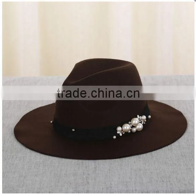 Custom Female Fedora Hat Ribbon beads imitation wool Hat Wide-brimmed For autumn Winter