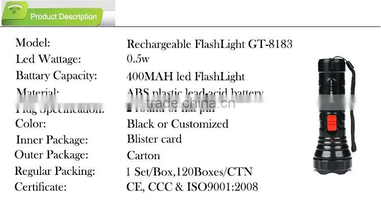 High capacity palito led rechargeable torch