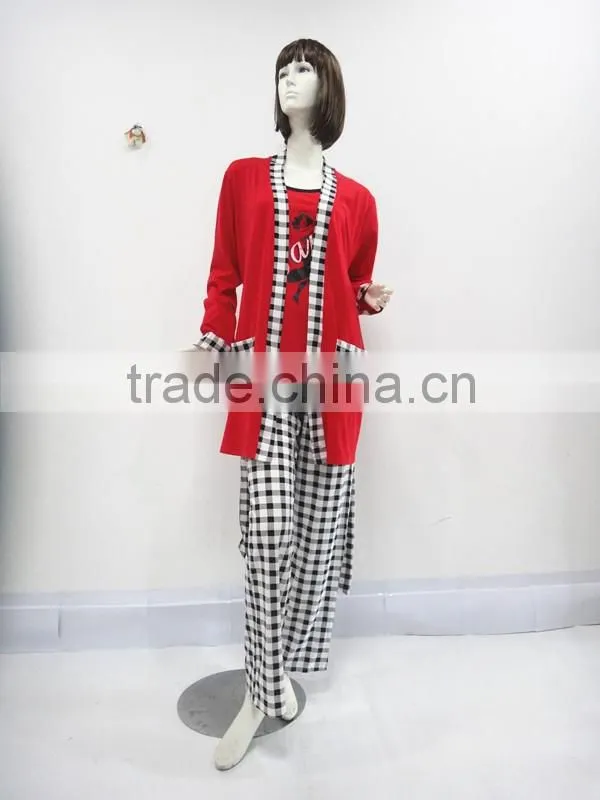 Red classic grid three-piece binding pajamas woman