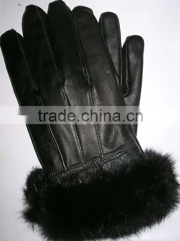 rabbit fur cuff lady real genuine leather gloves LG-06