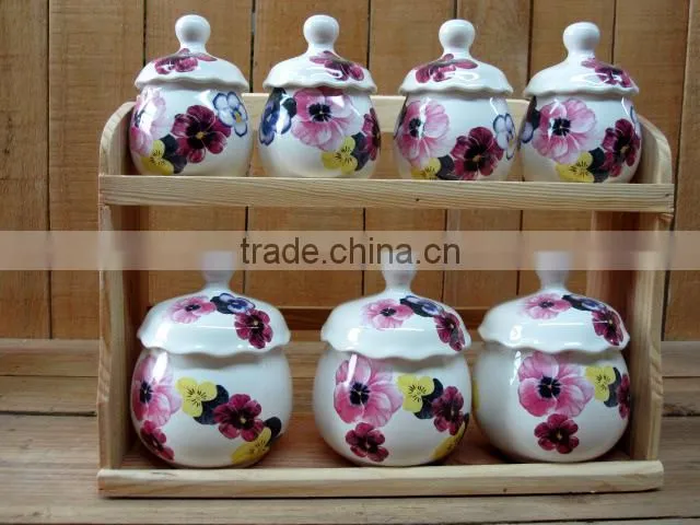 Brown Embossed 7 PCs Ceramic Food Jars Set with Bamboo Lid and Iron Stand