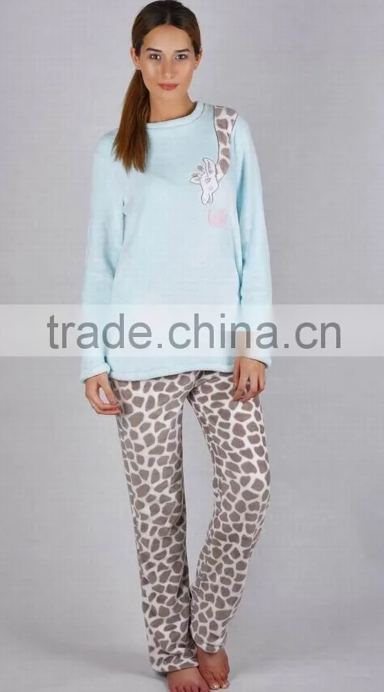 Kevince flannel pyjamas set deer emb knitting woman MOQ 1000set OEM factory directly
