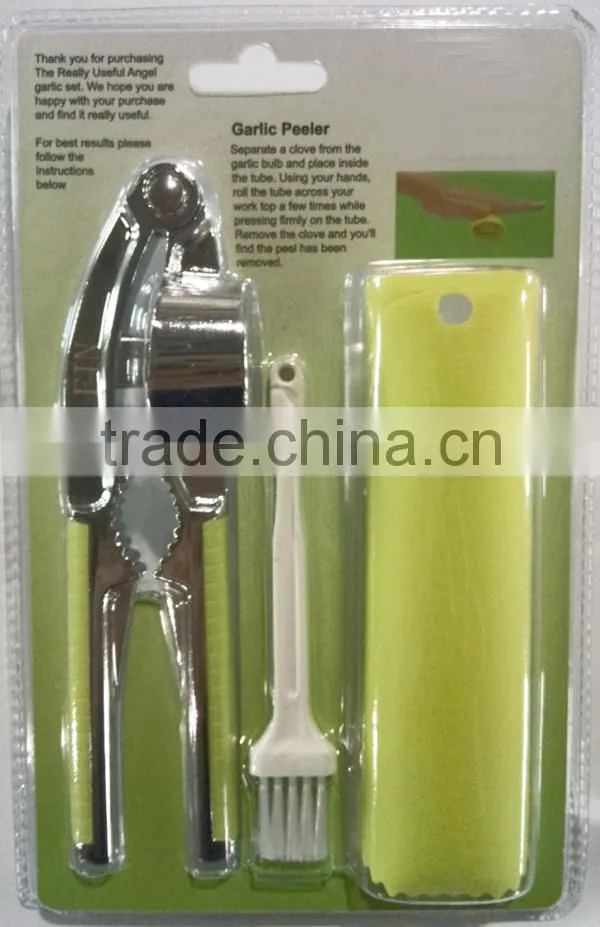Garlic Press And Peeler Set ,3 Pieces Kichen Tools ,With Stainless Steel Garlic Press ,Silicone Garlic Peeler ,Cleaning Brush