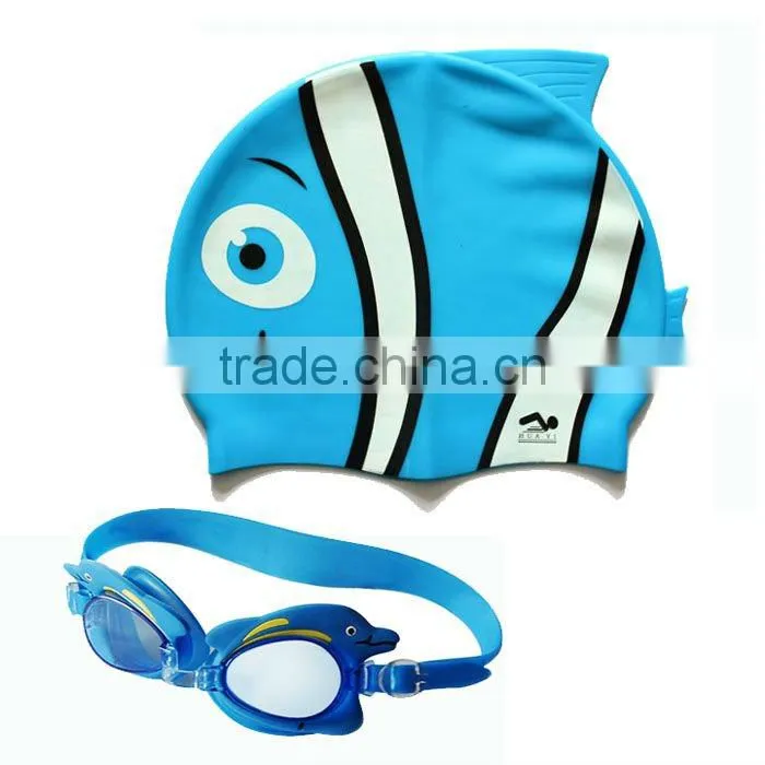 Cute cartoon swim caps and goggles set for kids wholesale