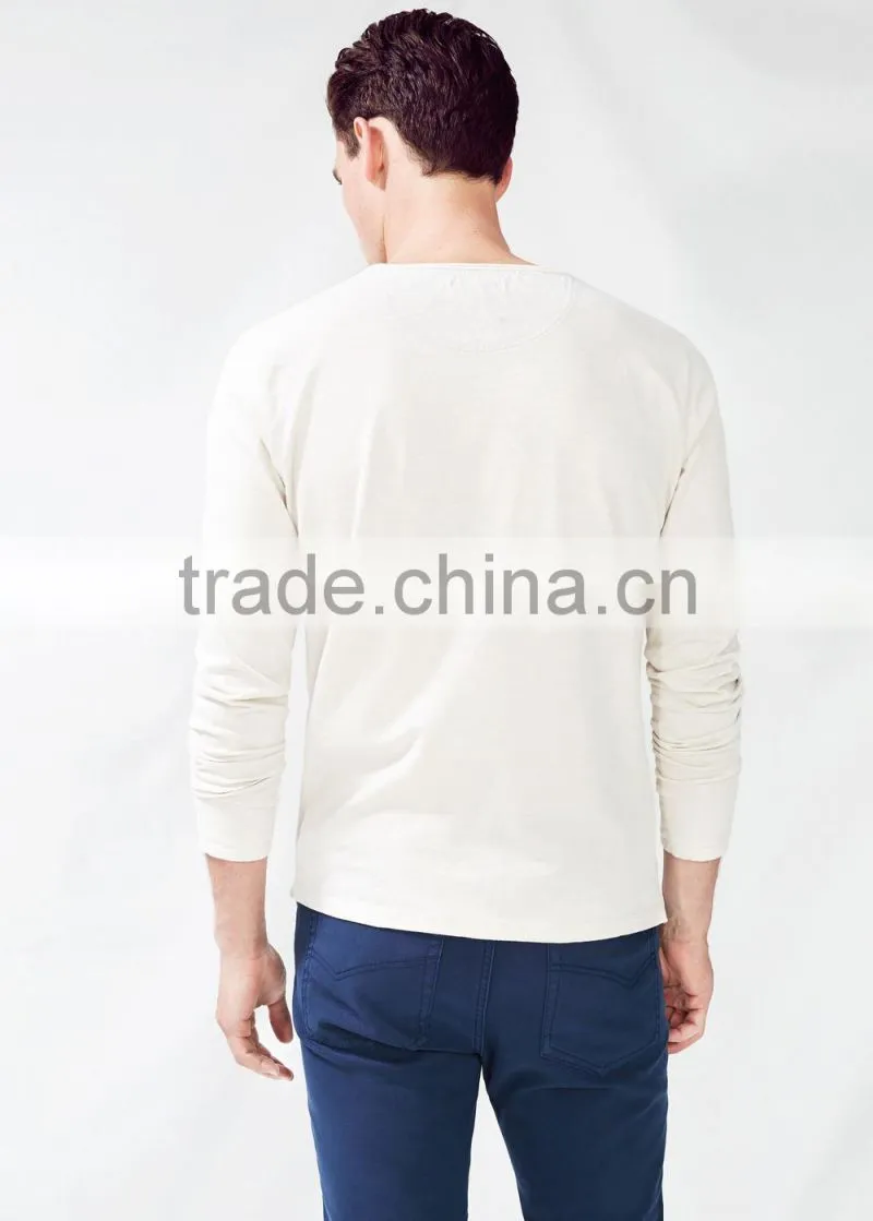Men long sleeves slub cotton Henley t-shirts with side slit hem