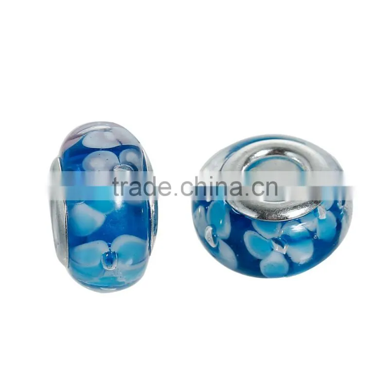 Round Silver Plated Core Flower Pattern Blue Transparent Lampwork Glass European Style Large Hole Charm Beads