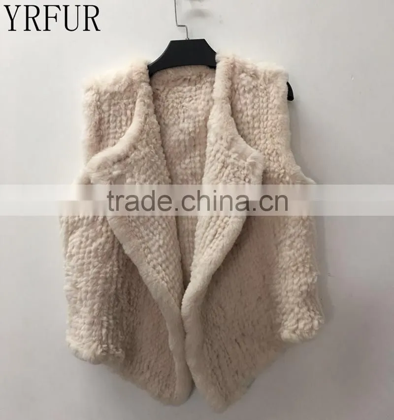 YR1028 Australia Style Lady Fur Vest Cropped Hand Knitted Real Rabbit Fur Gilet