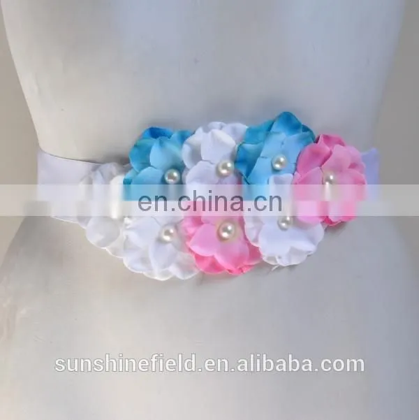 Double-color Cluster Hydrangea flowers Pearl center Sash Belt For Kids