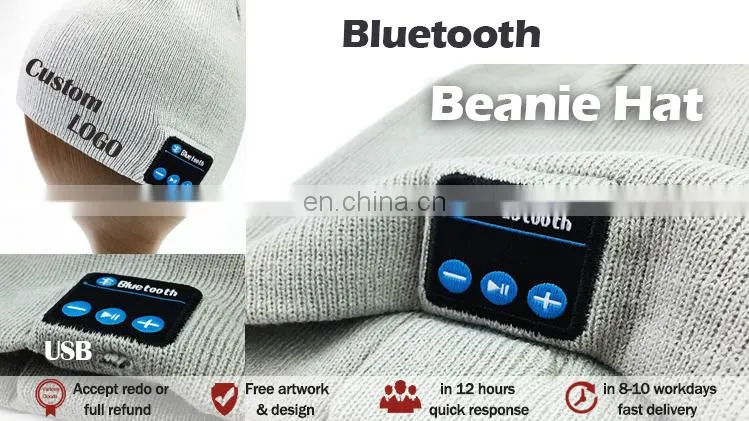 custom acrylic reversible blue tooth beanie hat with woven label for women