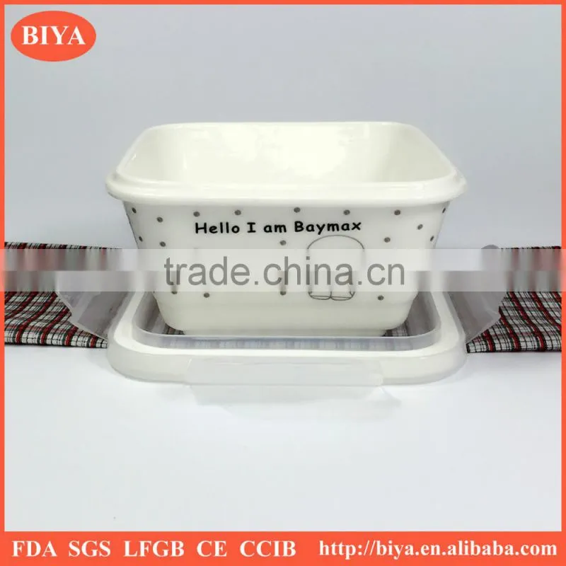 heat resistance food storage ceramic cute lunch box functional porcelain bento square lunch container with seal silicone lid